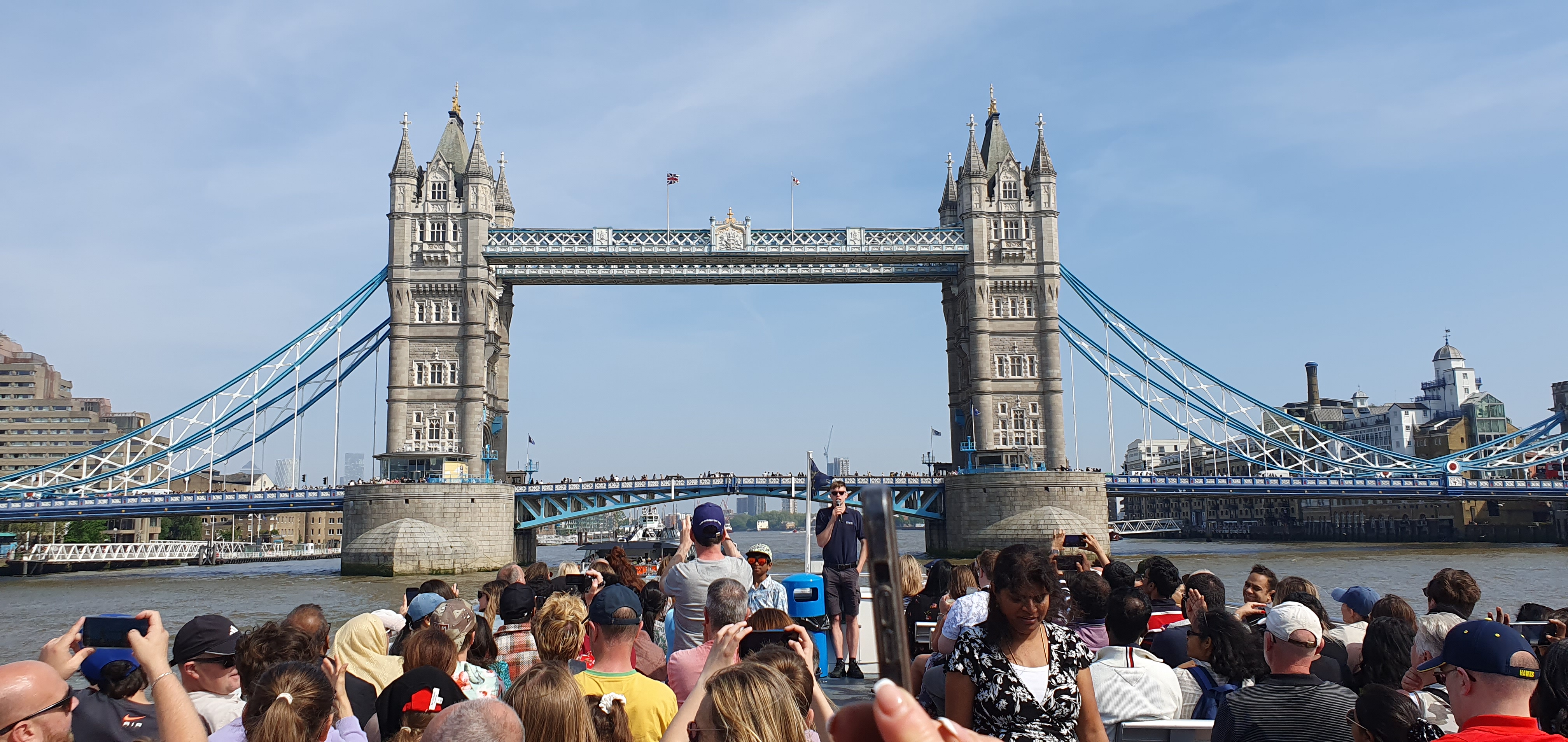 Tower Bridge, cruiser and frigate in Westminster to Greenwich River Thames Sightseeing Cruise